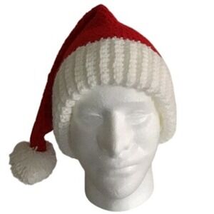 Handmade Crochet Santa Hat Christmas Holiday Festive Red White Pom Pom